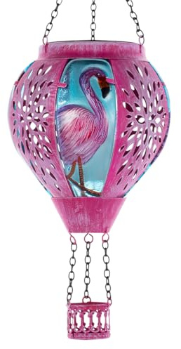 Starsoul Pink Hot Air Balloon Solar Lantern Flamingo Metal & Glass Solar Hot Air Balloon Hanging Garden Light Waterproof Outdoor Lantern for Patio Yard Party Decor