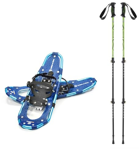 outdoorer leichte Schneeschuhe SnowHiker L – Aluminium-Rahmen-Schneeschuhe mit Ratschenbindung für Damen und Herren, Ferrino Aluminium-Trekkingstöcke mit Winterteller inklusive