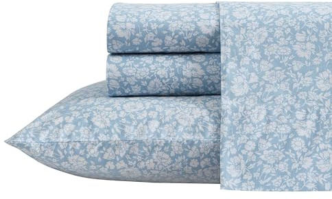 Laura Ashley - Queen Sheets, Cotton Percale Bedding Set, Lightweight & Breathable Home Decor (Heirloom Ditzy Blue, Queen)