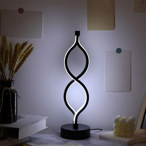 LED Spiral Tischlampe, Tischleuchte Metall Gebogene Nachttischlampe Acryl Kleine Nachtlicht Geschwungenes Kreativ Warmweiß Kaltweiß Mit Schalter 6W Für Wohnzimmer, Schwarz, Büro Deko (schwarz)