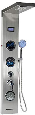 Colonne de Douche,Panneau de Douche Carré Multifonction Acier Inox 304 Mitigeur Douche Salle de Bain avec Écran LCD Affichage de La Température et Lumières LED,5 Modes D’eau, 6.5 * 20 * 123.5cm
