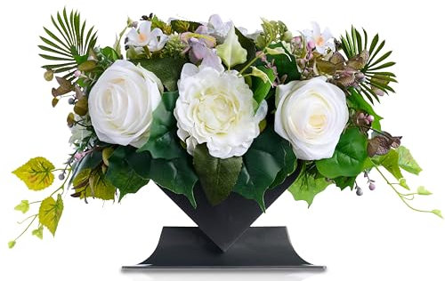 Grabgesteck aus Rosen Kunstblumen Friedhofsdeko in Herzvase künstlich 30cm hoch Grabdenkmal o. Gedenkstätte wie Echt (Weiß/Ecru) (Weiß/Ecru)