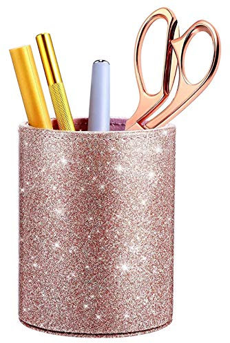 CHFYIJYHM Bleistifthalter, Glitzer-Stiftehalter, Bleistiftbecher, Roségold glänzend, for Frauen und Mädchen, luxuriöser Make-up-Pinselhalter, Organizer-Becher aus Pu-Leder