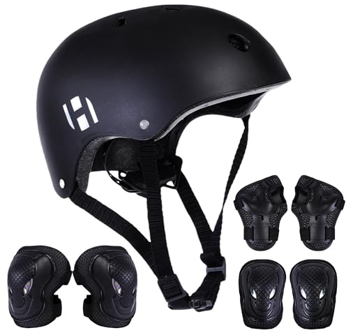 Habib Gruppe Casco da bicicletta regolabile e set di 6 protezioni – ventilato, ginocchia, gomiti, polsi, 8 – 13 anni, ragazze e ragazzi, bicicletta, scooter, arrampicata, skateboard