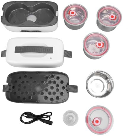 Yuezhongoo Scaldavivande Elettrico, 4 Ciotole in Acciaio Inossidabile a Doppio Strato con Scaldavivande da Viaggio, Lunch Box Riscaldato Portatile per Il Campeggio in Ufficio