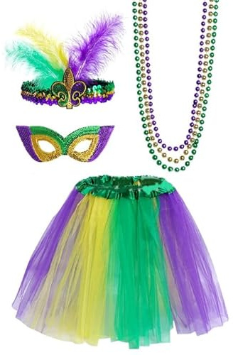 Losuya Mardi Gras Costume Accessory Set Tutu Skirt, Faux Feather Headband, Mask,Mardi Gras Beads for Women and Girls Mardi Gras Party Decorations