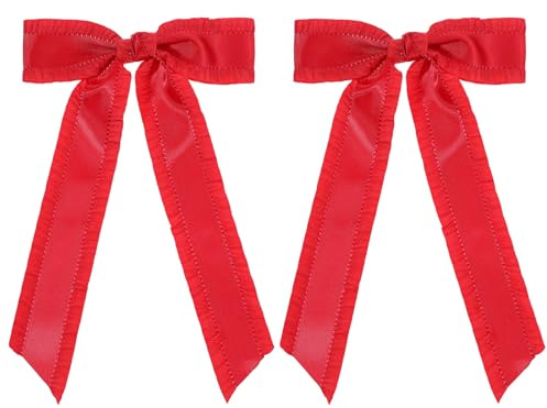 2 PCS Red Bows for Hair, Cute Red Hair Bows, Long Tail Silky Satin Ruffle Tassel Bow for Girls Women