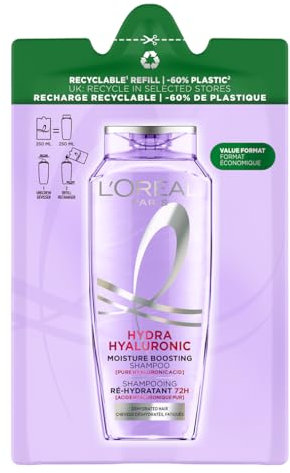 L'Oréal Elvive Shampoo Idratante, Per Capelli Secchi e Spenti, Capelli Luminosi, Voluminosi e Leggeri, 72H di Idratazione, Con Acido Ialuronico Puro, Formato Eco-Ricarica, Hydra Hyaluronic, 250 ml