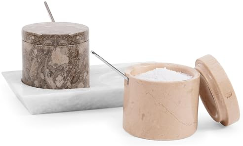 Radicaln marmor saltkällare med lock 7,6 cm Oceanic och Verona handgjord salthållare för köksförvaring, perfekt kryddbehållare set med 2 med bricka, kryddburk och saltlåda för köksbänk