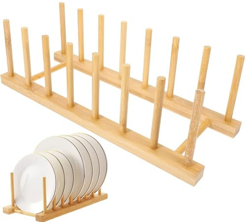 JJiaoLinin Scolapiatti da Appoggio,Scolapiatti Legno Bambu,Supporto per Piatti,Supporti per Piatti in bambù Portapiatti per Armadietti Scolapiatti Legno per Libro,Piatti,Tazze,CD,Bicchiere per Vino