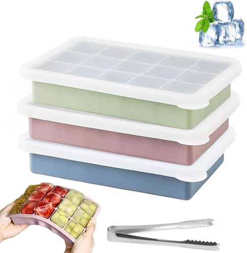 3-Pack Silicone Ice Cube Tray Set with Lids & Tongs – BPA-Free, Easy-Release, Stackable Moulds for Whiskey, Cocktails, Baby Food & Freezer (Pink, Blue, Green)