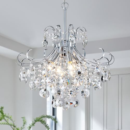 Majhoiw Moderner Kristall Kronleuchter, 4-Licht Pendelleuchte für Esszimmer, Wohnzimmer, Schlafzimmer und Küche, verchromte Hängeleuchte, Durchmesser 46cm (ohne Leuchtmittel)