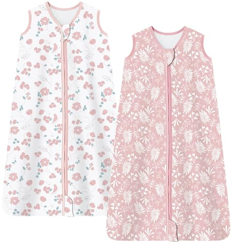 Chilsuessy Sommerschlafsack 2 Stücke Baby Schlafsack Sommer Schlafsack 0.5 Tog 100% Baumwolle Babyschlafsack Ärmellos für Neugeborene, Süße Blüten + Rosa, 78cm/6-12 Monate