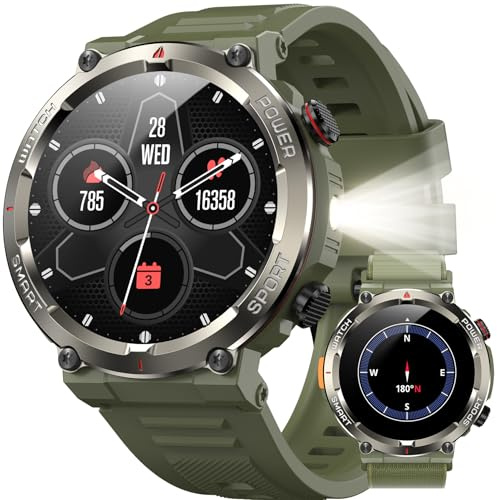 Military Smart Watch for Men（Bluetooth Calling）, Fitness Watch with Flashlight,Compass,960mAh Battery,120+ Sports,SpO2 Heart Rate Sleep Monitor,Step Counter,IP68 Waterproof Smartwatch for iOS Android