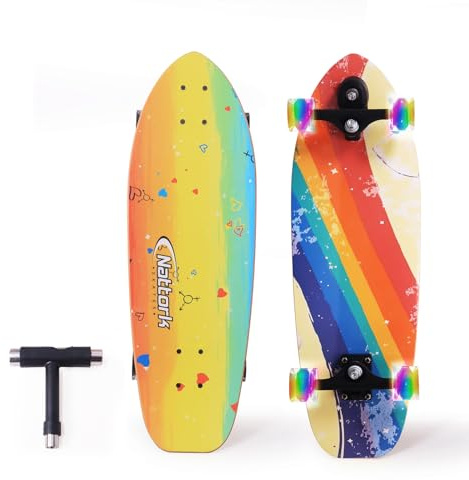 Nattork Complete Skateboards 29 x 9 Kids Girls Skateboard Cruiser Skateboards for Beginners Double Kick Deck Concave Boys Skateboard with Maple Wood (Rainbow)