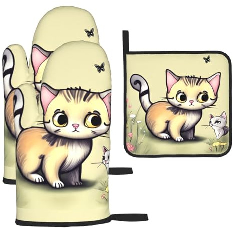 Ensemble de gants de cuisine et maniques pour chat et papillon. Résistants à la chaleur, sans danger pour la cuisine.