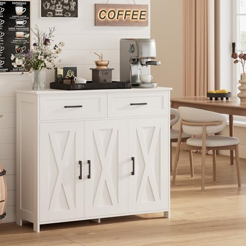 Homhedy Sideboard Buffet Cabinet, Coffee Bar Storage Cabinet with Drawers and Doors, Farmhouse Kitchen Cabinet with Adjustable Shelves, for Kitchen, Dining Room, Living Room, White