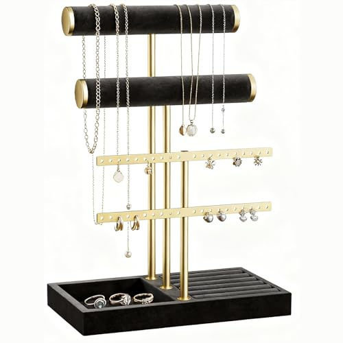 ULIKEUS 3 Tier Velvet Jewelry Stand T Bar Bracelet Holder Necklace Organizer Metal Jewelry Display for Dressing Table Women Gift,Black