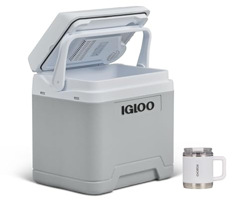 IGLOO IE24 AC/DC elektrische Kühlbox, 24 Liter, Mini-Kühlschrank 12/230 V für Auto, Boot, Freizeit, grau & Coffee Mug Kaffeebecher, weiß, 440 ml- Ideal für Büro, Reisen – Hält Getränke heiß & kalt