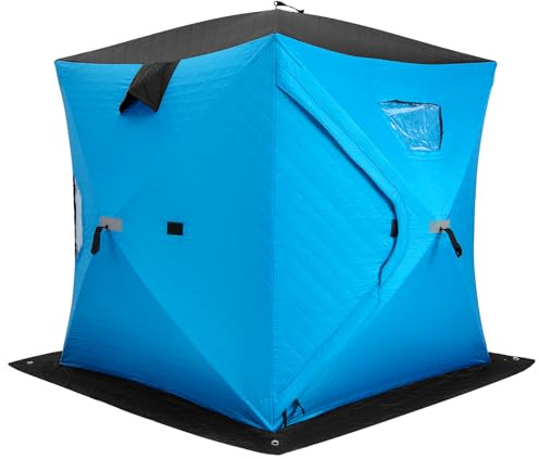 GYMAX Tente de Pêche sur Glace pour 2-4 Personnes, Parois Rembourré de Coton Résistant au Froid, Abri Extérieur d'hiver, avec Fenêtres, Porte Zippée, Sac de Transport, 190x190 x171cm (Bleu)