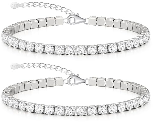 J.Fée Silber Kristal Armband Herren 925 4MM Tennisarmband mit Funkelnden Cubic Zirkonia, 2 Stück Zirkonia Herren Armband Set Hypoallergen Stapelbar, Geschenke für Männer Weihnachtsgeschenke