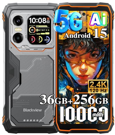 Blackview Xplore X1 5G Teléphone Portable Incassable Android 15, 36Go+256Go/2To, 6.78 FHD+Double écran, 10000mAh, 108MP+50MP, Smartphone Incassable, Gemini AI, Dual SIM 4G/5G, NFC/OTG/GPS, Orange