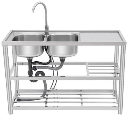 Évier en acier inoxydable - 120 x 45 x 80 cm - 2 bacs - Évier commercial avec robinet, tuyaux d'eau froide et chaude et 3 tuyaux de drainage pour extérieur, intérieur, cuisine, restaurant