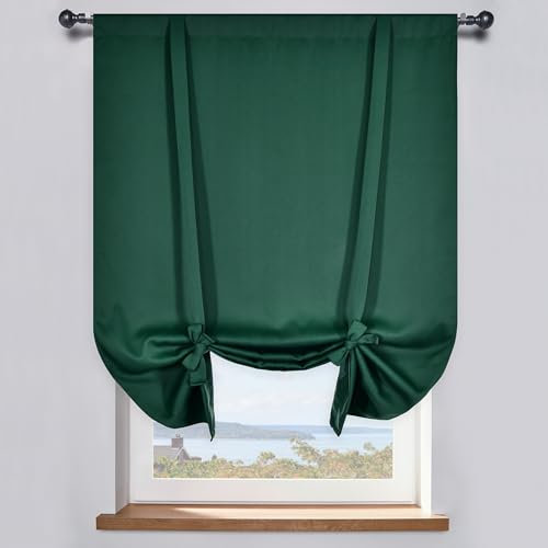 63 Inches Long Adjustable Tie Up Shade & Curtain - Blackout Thermal Insulated Rod Pocket Panel for Small Window (42 W by 63 L,Dark Green,Set of 1)