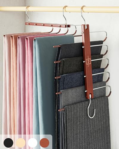 MORALVE Trousers Hangers Space Saving - 2 Pack European Beechwood Scarf and Jeans Hangers - Wardrobe Organiser and Space Saver Trouser Rack, Leggings Hanger, and Scarf Holder with 360° Swivel Hook
