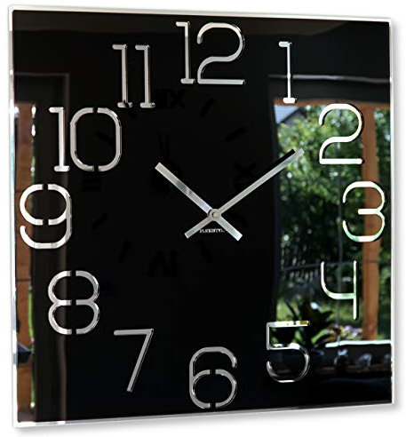 FLEXISTYLE Orologio da parete grande quadrato Digit diametro 50 cm, senza ticchettio, moderno, design in vetro acrilico e specchio acrilico, soggiorno, camera da letto (nero)