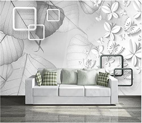 Fototapete 3D Effekt Vlies Tapete Modern Graue Kunst Verlässt Geometrischen Dekorativen Hintergrund Des Weißen Schmetterlings Wallpaper Wanddeko Wandbilder 300x210cm