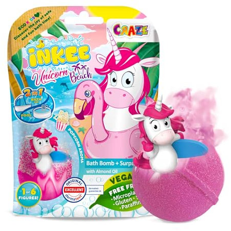 INKEE SURPRISE UNICORN BEACH | Einhorn Badekugel mit Überraschung, Badebombe mit Einhornfigur, Pop Corn Aroma, dermatologisch getestet, 1 Stück (1er Pack)