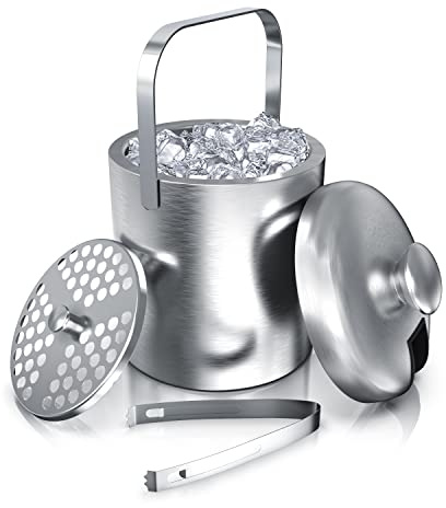 Arendo - Eiswürfelbehälter mit Deckel Edelstahl - Eiswürfelkühler - Eiskübel - 1,3 Liter – doppelwandig – inkl. Zange, Abtropffilter, Deckel – BPA frei - Eiseimer für Eiswürfel