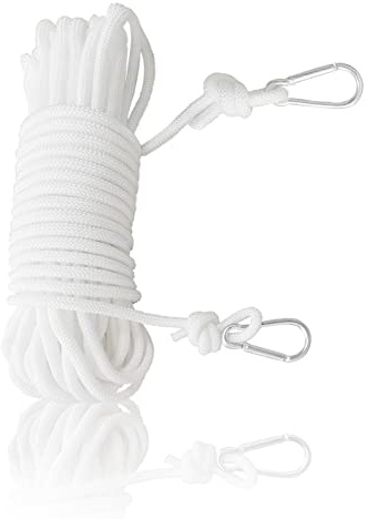 Washing Line Rope, 15m Quality Strong Clothes Line with Two Metal Hooks Heavy Duty Waterproof White Laundry String Prop String for Camping Garden Garage