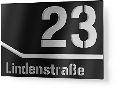 Graviers Design plaque 2 lignes pour extérieur – 380x264 mm, noir, acier inox V2A, numéro + texte personnalisables