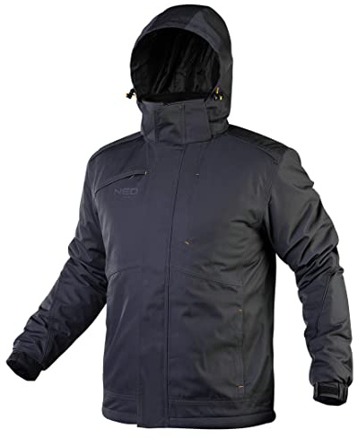 NEO TOOLS herr utomhus arbetsjacka aktiviteter, Dobby, ventilerande material 100% polyester, TPU-membranbeläggning, 5 000 mm vattentät, dold huva