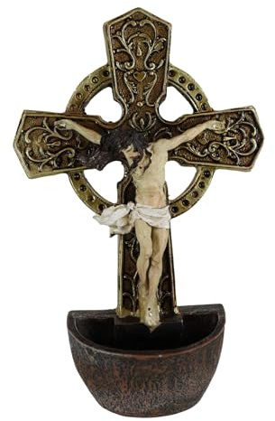 Ebros Gift Holy Tuscany Scroll Cross Crucifix with Jesus Crucified Wall Mounted Or Desktop Dresser Plaque Holy Water Font Catholic Church Themed Religious Sacrament Accent Decor Figurine