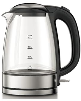 Necchi - NK5801 Bollitore acqua premium in vetro da 1.7 litri, base in metallo, anello luminoso a LED, Potenza 2200W