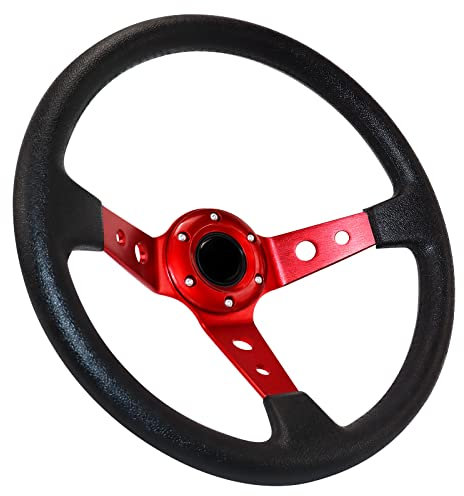 Acclcors Volant de voiture de course universel, volant de jeu de 13,6, 6 vis, grip en vinyle, en cuir profond avec bouton corne pour course, rallye, sport automobile, conduite (rouge)