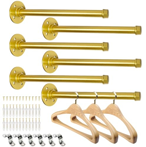 Pintuson 6 barre appendiabiti industriali da 30,5 cm, montaggio a parete, aste per armadio, per appendere vestiti, negozi, boutique, lavanderia, camicie, colore: oro