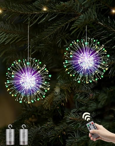 Joysing Paquete de 2 luces de fuegos artificiales, 150 luces LED de explosión de estrellas, funciona con pilas, con control remoto, 8 modos, luces de Navidad, impermeables, para colgar al aire libre,