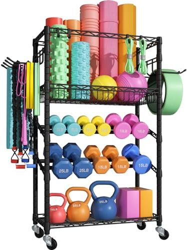 FUTASSI S3 Hantelablage mit Rollen, zur Aufbewahrung von Gewichten, Organizer für Yogamatten, für Fitnessstudios, maximale Belastung 227 kg, 87 cm B x 30 cm T x 122 cm H, Schwarz