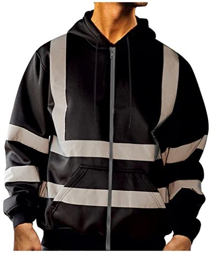 Herren Warnjacke Sicherheitsjacke Winterjacke Warnschutzjacke Arbeitsjacke Klassische Kontrast Warnschutz-Regenjacke mit reflektierenden Streifen, Warnschutzjacke mit Kapuze Schwarz 4XL
