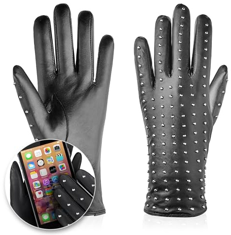 BETLEWSKI - Damen Handschuhe aus Schafsleder gefüttert - Warme Winter Lederhandschuhe für Damen in Schwarz mit Wollfutter - Winterhandschuhe für Touchscreens - Modell Glam Rock iTouch - M