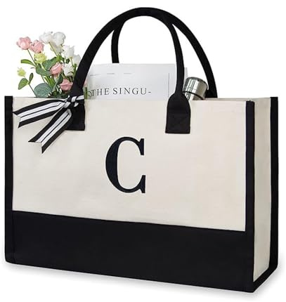 Soulnioi Baumwoll-Tragetasche, wiederverwendbare Einkaufstasche, personalisierte Buchstaben, bedruckte Tasche für Damen/Herren, wiederverwendbare Canvas-Strandtasche für Alltag, Reisen,