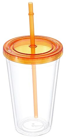 QUARKZMAN Acrylique Gobelet avec Couvercle et Paille, 16 Oz Réutilisable Double Mur Tasses pour Glace Café, Clair Voyage Gobelets pour Anniversaires Cadeaux, Personnalisation (Orange)
