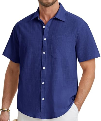 HISDERN Chemise Lin Homme Bleu Marine Chemise à Manche Courte pour Homme Classique Casual Été Leger Plage Chemise Regular Fit L