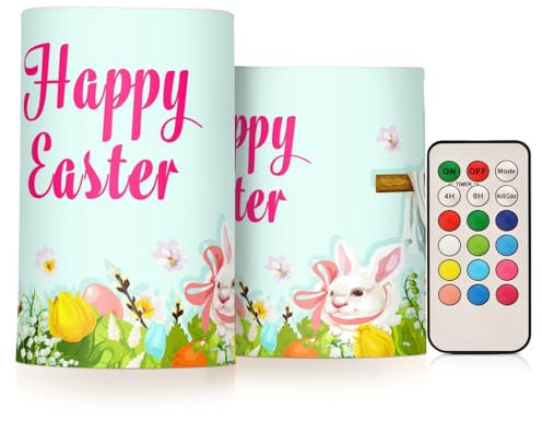 ALAZA Easter Egg Hunt Rabbit Greeting Flickering Flameless Candles Battery Operated with Remote Timer,Tea Light Candles LED Pillar Votive Candles Set of 2 for Outdoor Indoor Decorations