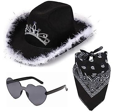 Generisch Cowboyhut für Damen, Schwarz Pink Weiß Cowgirl Hut Karneval Hut Herzbrille Kostümzubehör, Cowgirl-Hüte mit Herzbrille, Bandana, Cowboyhüte für Verabredung, Fasching Kostüm Damen