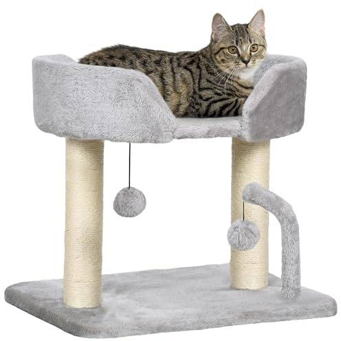 PawHut Cat Scratching Post w/ Bed for Indoor Kittens 48x38x42cm Light Grey | Cat Tree Tower, Scratcher, Toy Balls